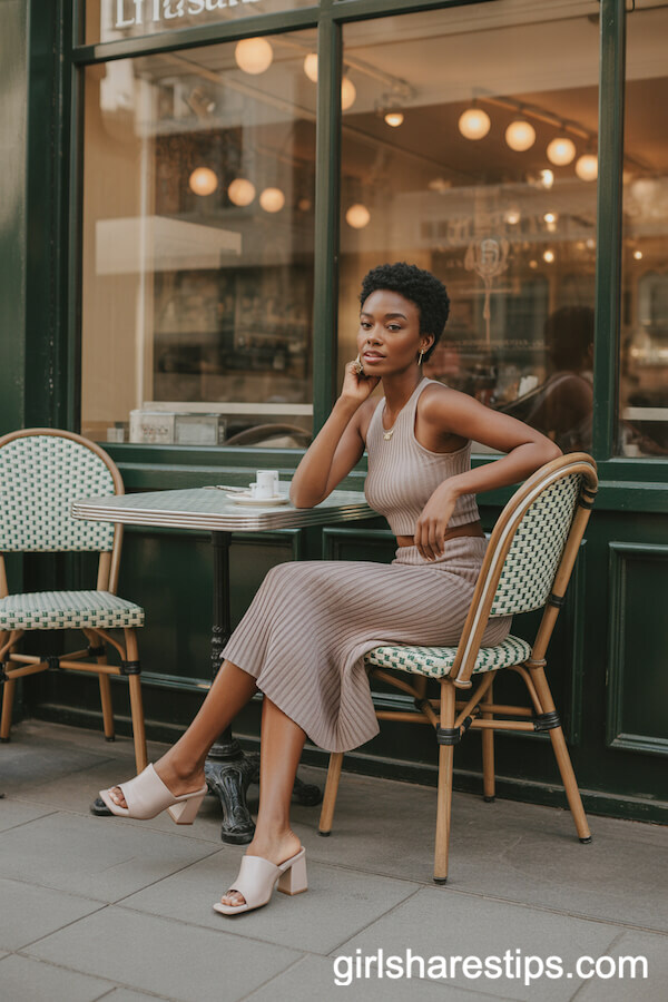 Taupe Knit Matching Set and Heeled Mules for a Chic Café Look