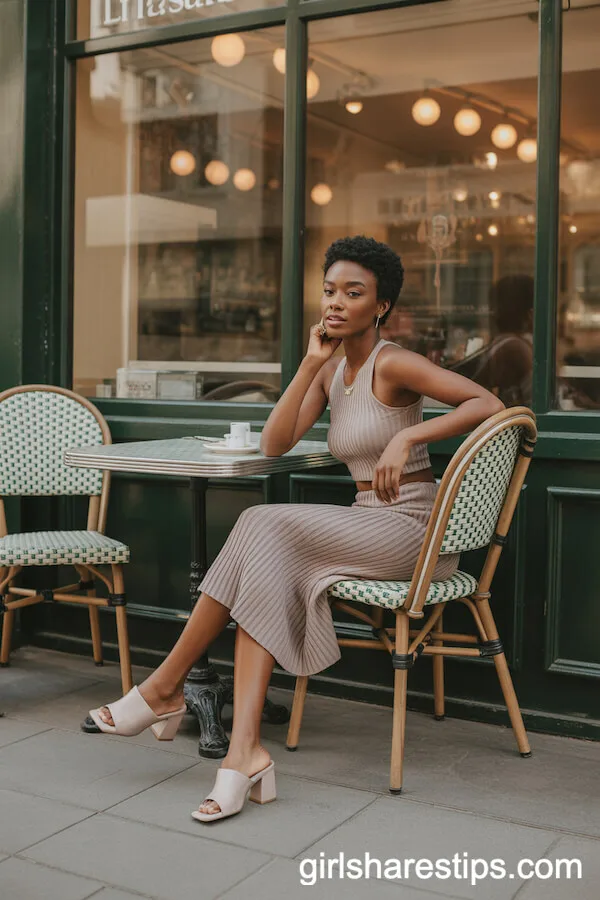 Taupe Knit Matching Set and Heeled Mules for a Chic Café Look
