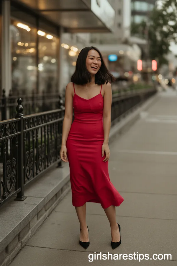 Form-Fitting Red Midi Dress for Effortless City Sidewalk Glam