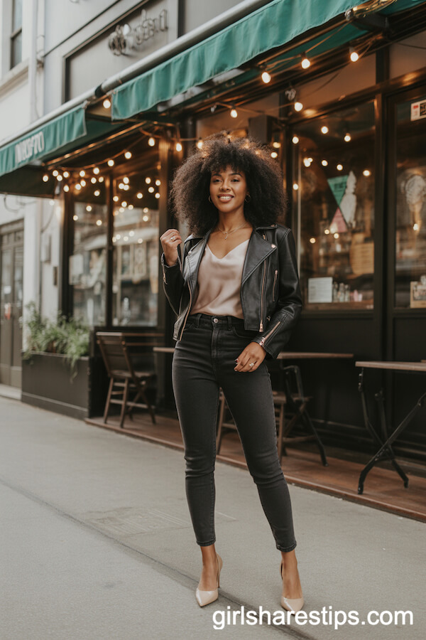 High-Waisted Skinny Jeans and Cropped Leather Jacket for Café Nights