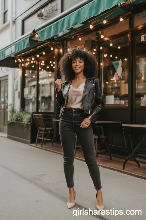 High-Waisted Skinny Jeans and Cropped Leather Jacket for Café Nights