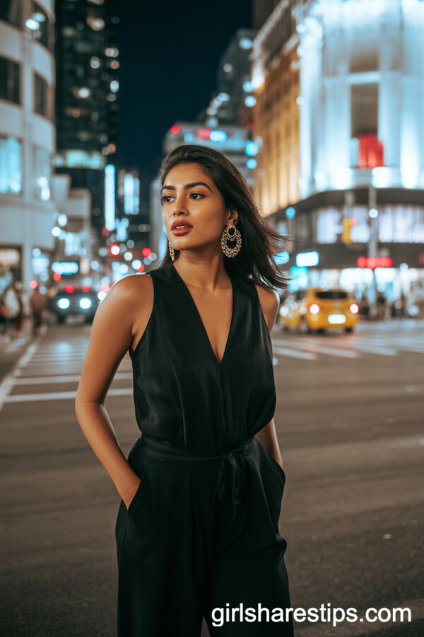 Sleek Black Jumpsuit with Bold Earrings for Downtown Lights