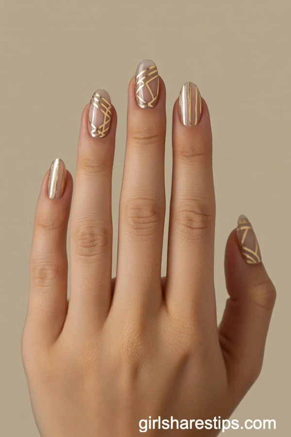 Oval Nails with Gold Art Deco Geometric Patterns