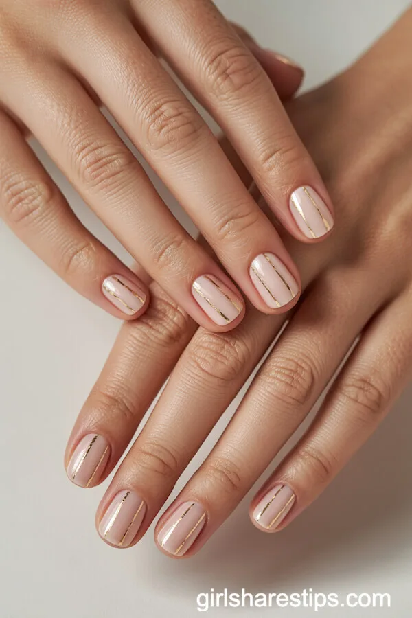Short Square Nails with Delicate Gold Stripes