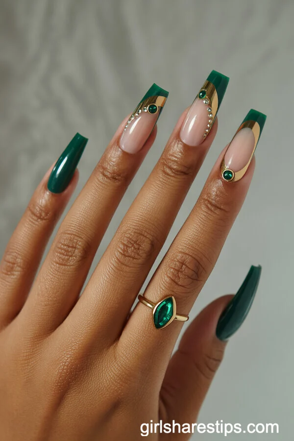 Coffin Nails with Gold and Emerald Green Accents