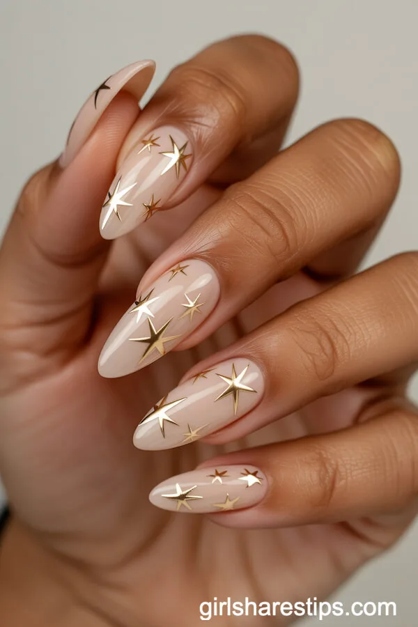 Stiletto Nude Nails with Gold Star Decals