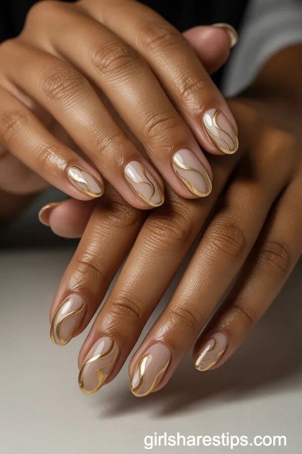 Almond Nails with Elegant Golden Swirl Patterns