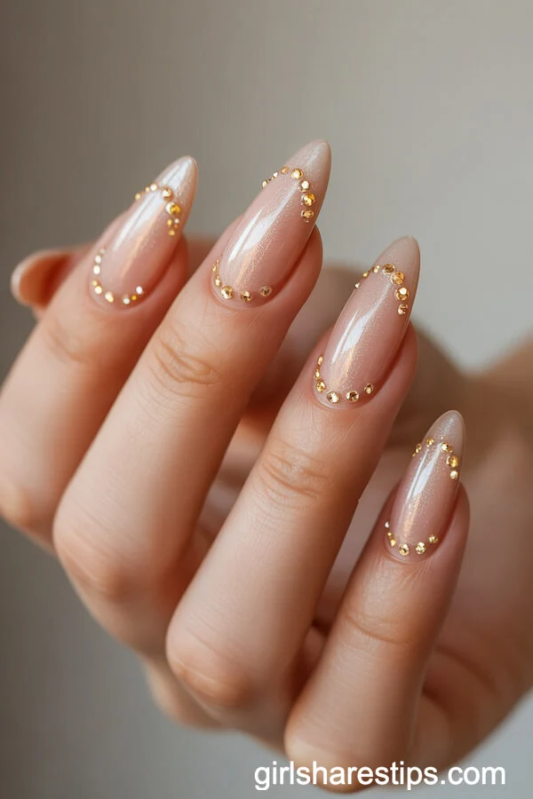 Stiletto Nails Embellished with Tiny Gold Crystals