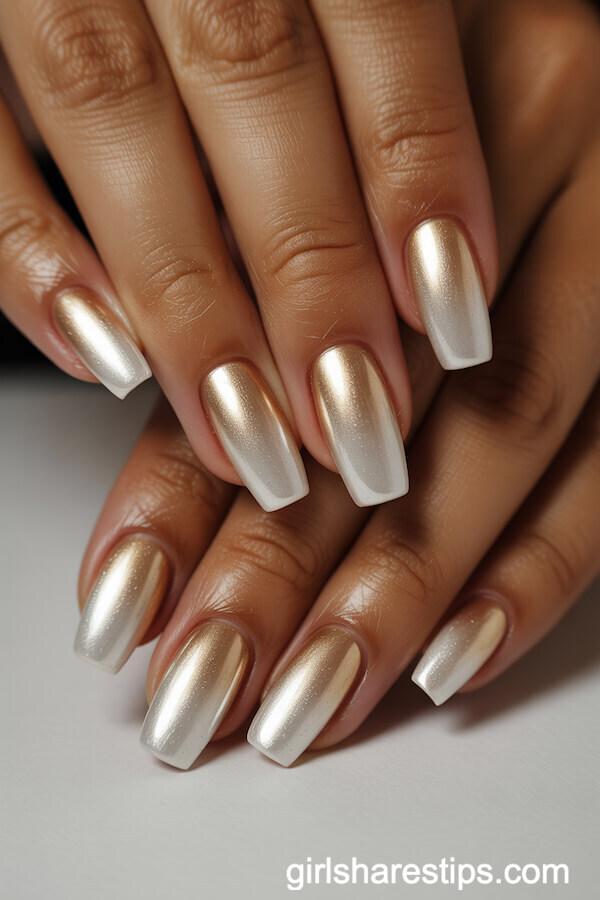 Coffin Nails with Gold and White Ombre Effect