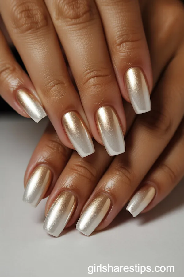 Coffin Nails with Gold and White Ombre Effect