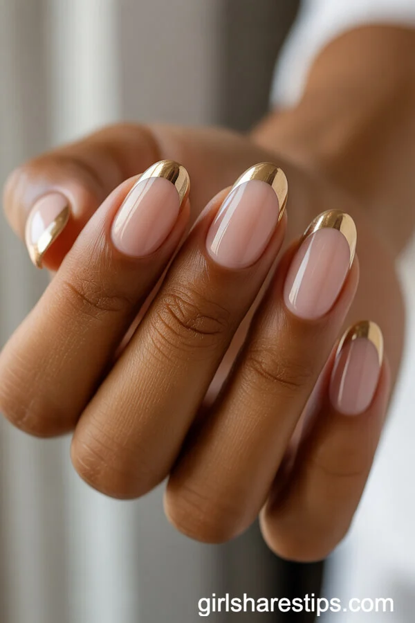 Oval Nails with Sophisticated Gold French Tips