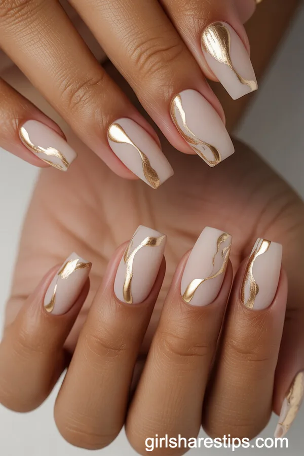 Coffin-Shaped Nude Nails with Abstract Gold Art