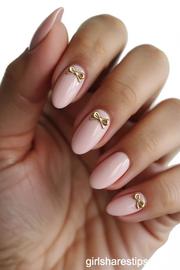 Almond Pink Nails with Minimal Gold Bow Accents