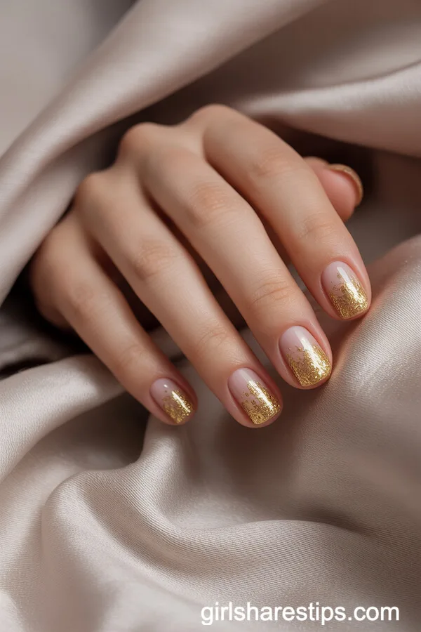Short Round Nude Nails with Gold Glitter Gradient