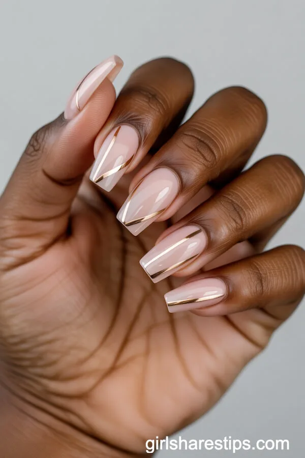 Blush Coffin Nails with Minimalist Gold Lines