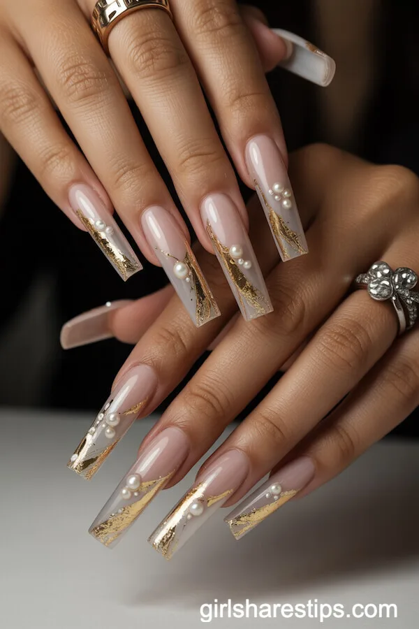 Ballerina Nails with Gold Foil and Pearl Accents