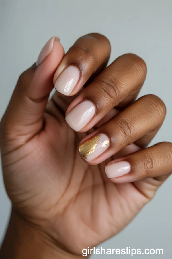 Classic Square Nude Nails with Gold Leaf Accent