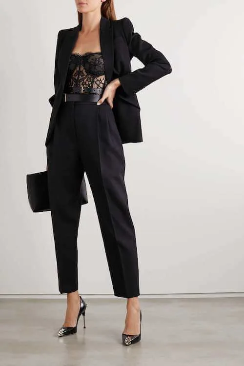 black lace bodysuit and black suit
