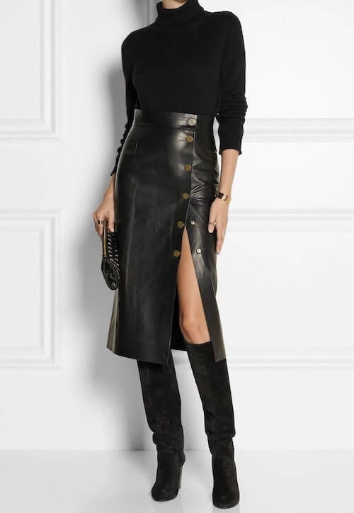 black turtleneck and black leather skirt