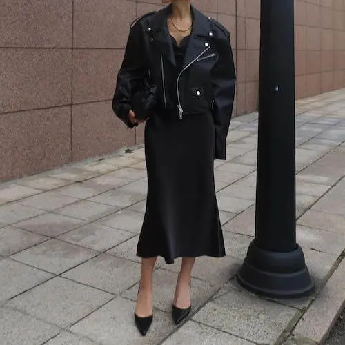 black leather jacket, little black dress, heels