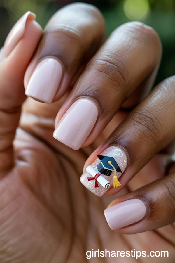 Pale Pink Square Nails With Glittery Graduation Cap and Diploma Accent
