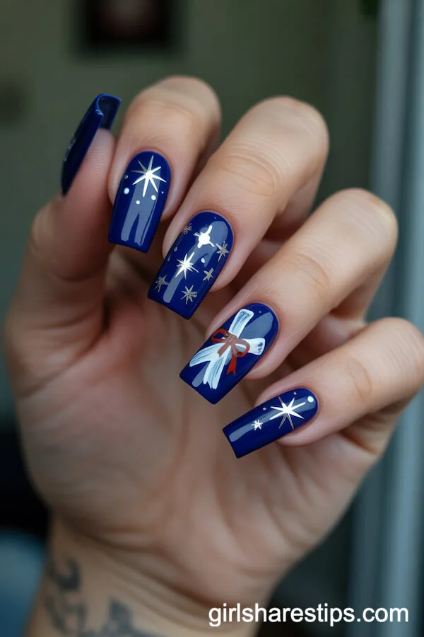 Deep Blue Velvet Square Nails With Silver Stars and Diploma Detail