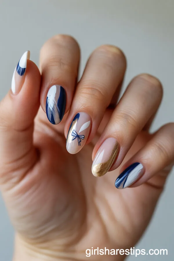 Abstract Brushstroke Almond Nails With Gold and Blue, Featuring Diploma Motif