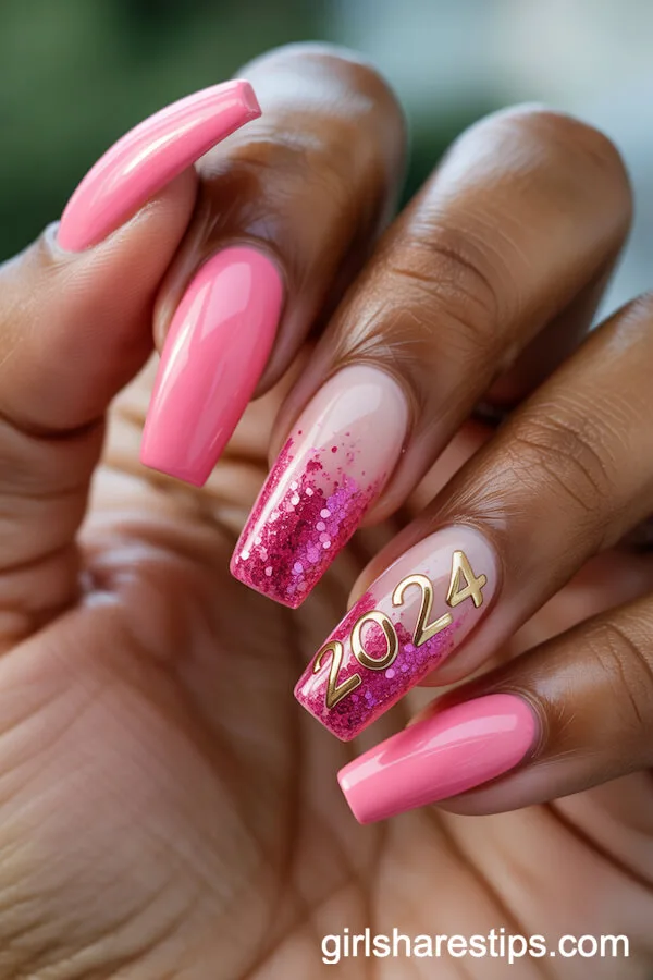 Pink Gradient Glitter Coffin Nails With Gold “2024” Accent