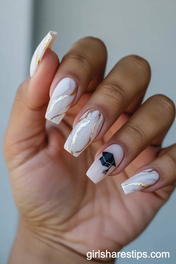 White and Gold Marble Coffin Nails With Hand-Painted Graduation Cap