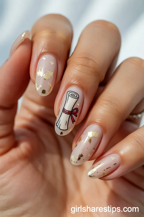 Nude Almond Nails With Gold Confetti and Hand-Drawn Diploma Scroll