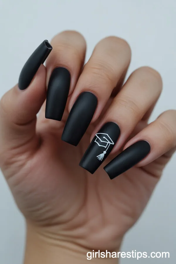 Matte Black Coffin Nails With Minimalist White Graduation Cap Art