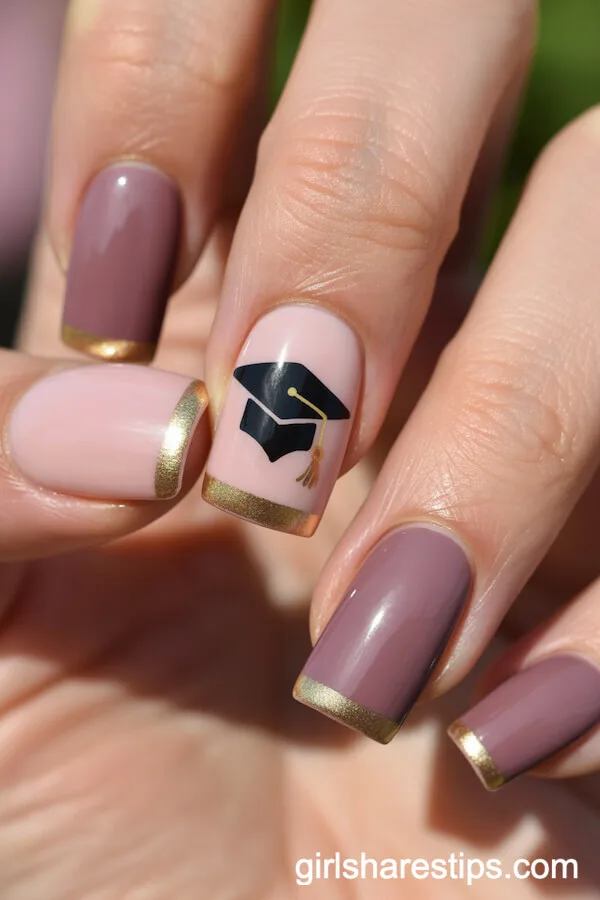 Matte Mauve Ballerina Nails With Gold Striping and Graduation Cap Accent