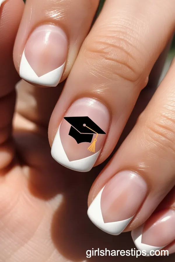 White V-Tip Squoval Nails With Minimalist Graduation Cap Outline