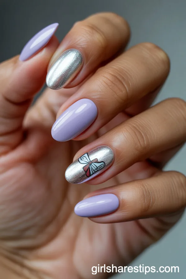 Pastel Lavender Oval Nails With Silver Foil and Miniature Diploma Art