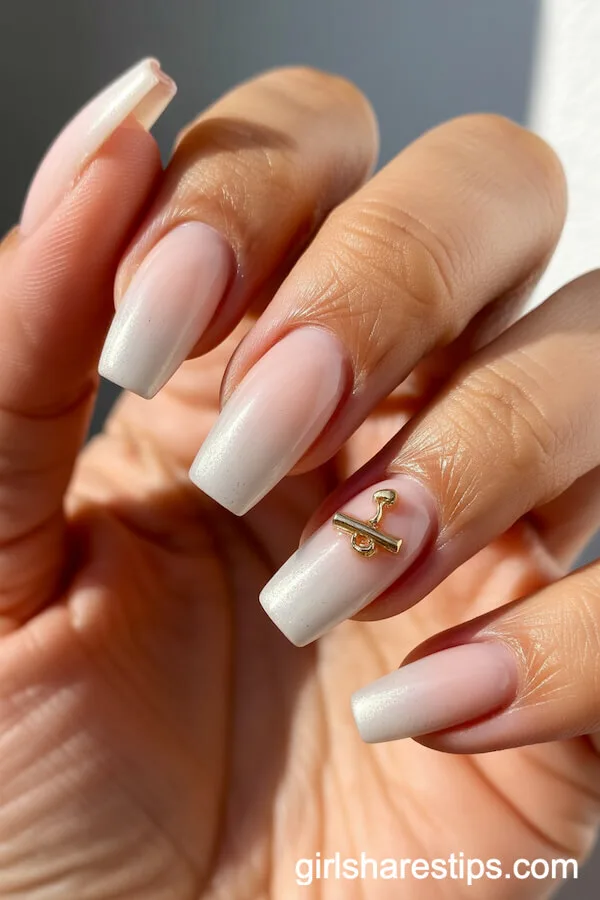 Nude to Milky White Ombre Coffin Nails With Gold Diploma Charm