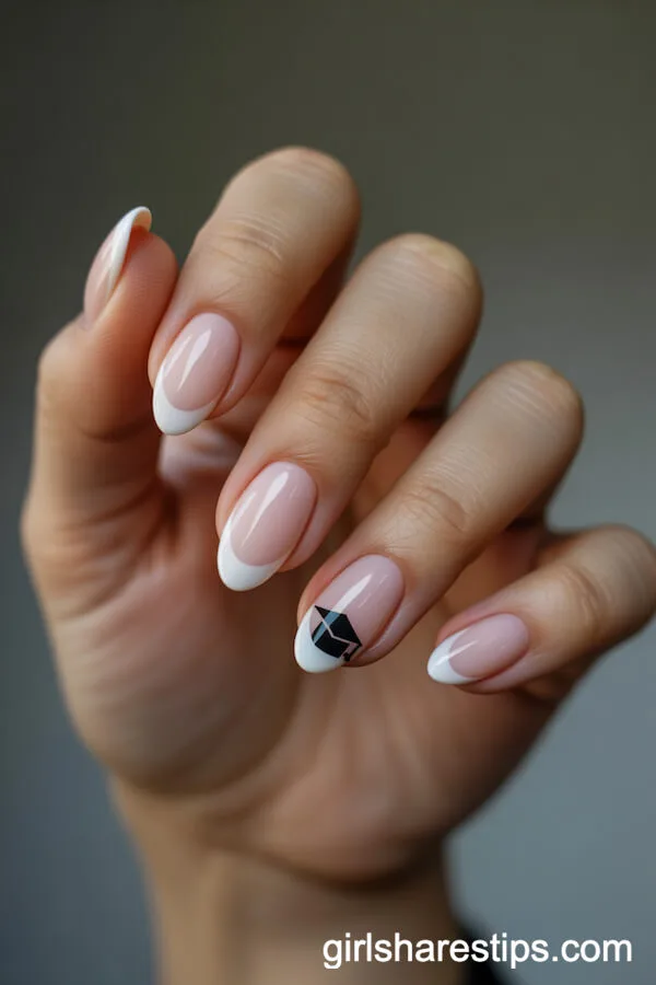 Classic French Tip Almond Nails With Elegant Graduation Cap Detail