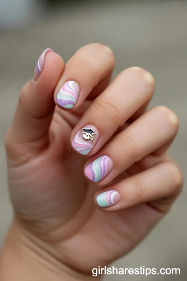 Pastel Swirl Short Round Nails With Mini Graduation Charm