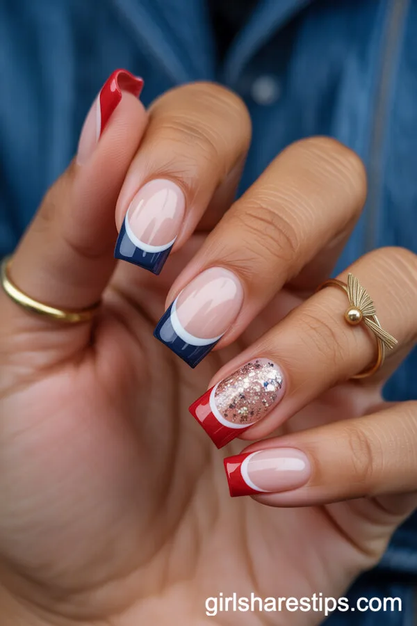 French Tip Squoval Nails With Glittery School Colors and Gold Tassel