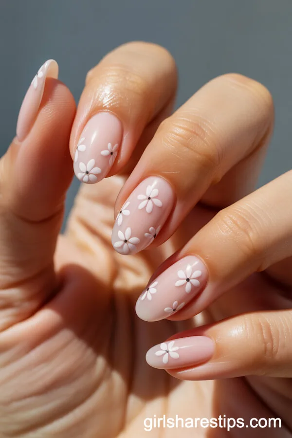 Pale Pink Almond Nails With White Florals and Micro Diploma Art