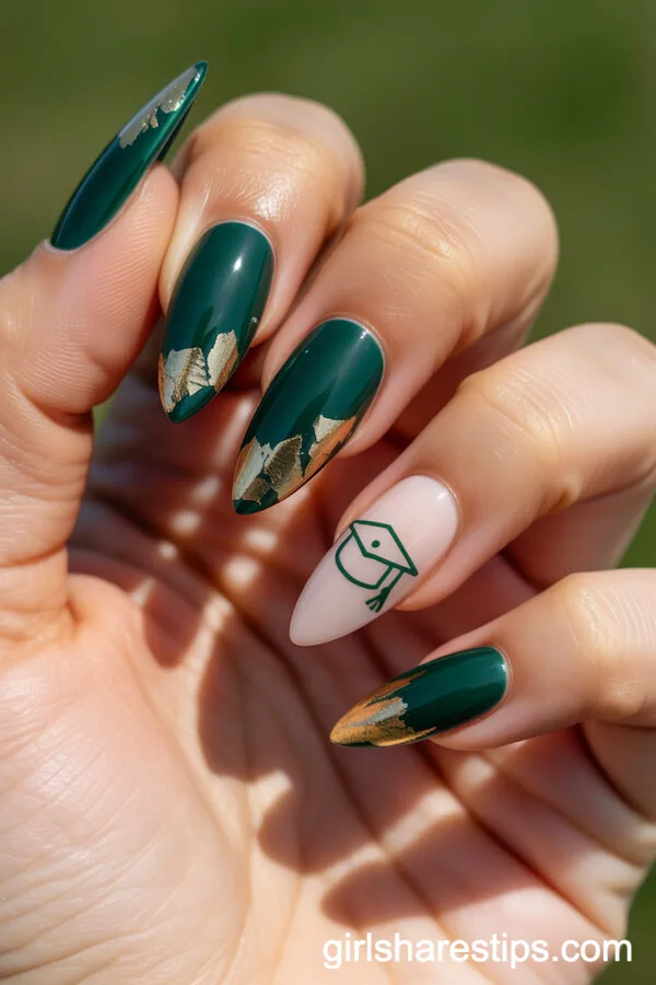 Emerald Green Stiletto Nails With Gold Leaf and Graduation Cap Outline