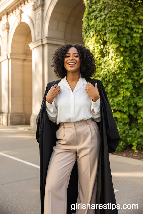 Beige High-Waisted Dress Pants and Silk Blouse