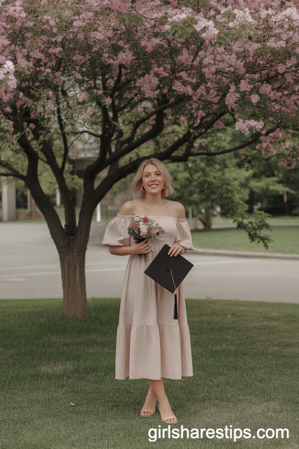 Blush Pink Off-Shoulder Midi Dress with Bouquet