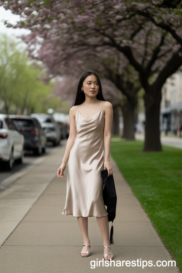 Champagne Satin Slip Dress and Minimal Jewelry