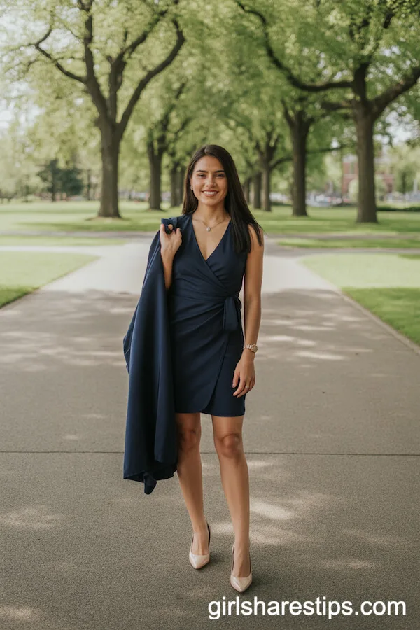 Navy Wrap Dress with Graduation Gown Accent