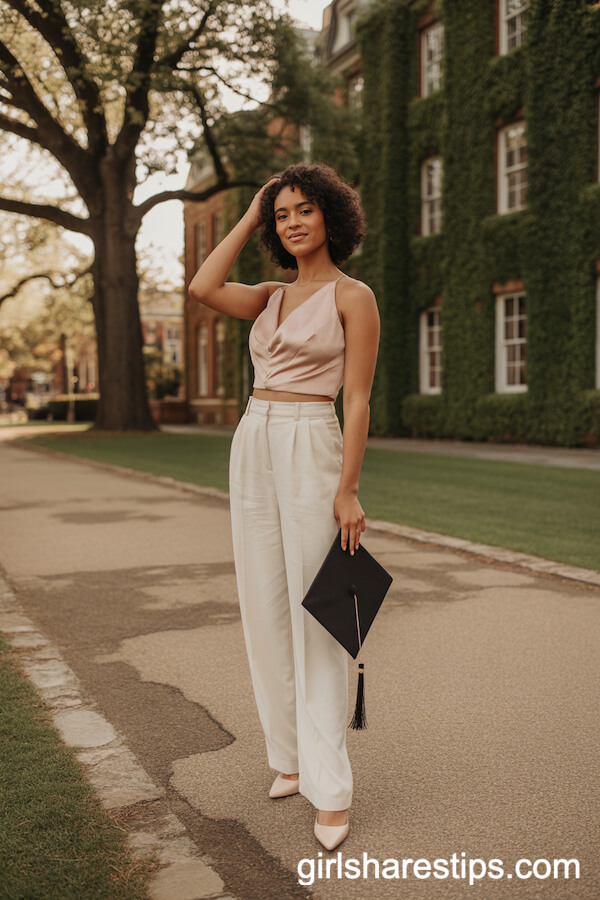 Ivory Trousers with Elegant Sleeveless Crop Top