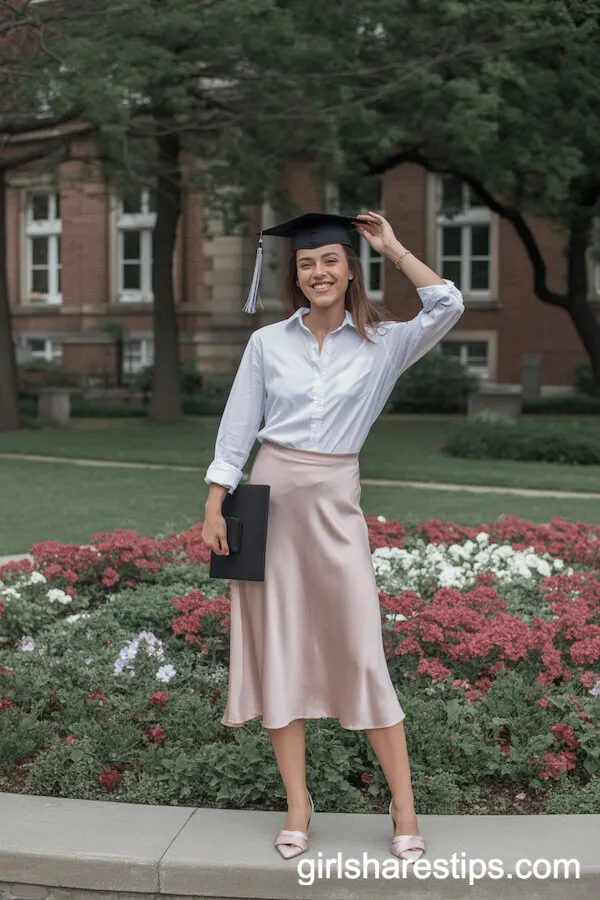 Pastel Midi Skirt with White Button-Up Shirt
