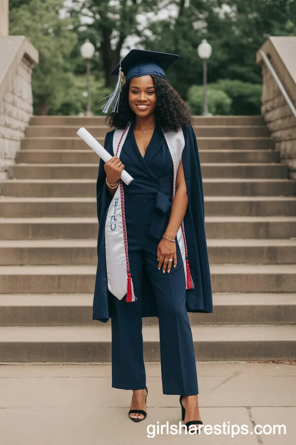 Navy-Blue Jumpsuit with Graduation Stole