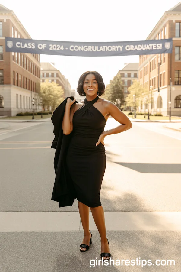 Sleek Black Halter Midi Dress with Graduation Gown