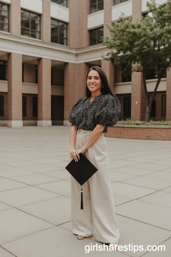 Puff-Sleeve Blouse and Cream Wide-Leg Pants