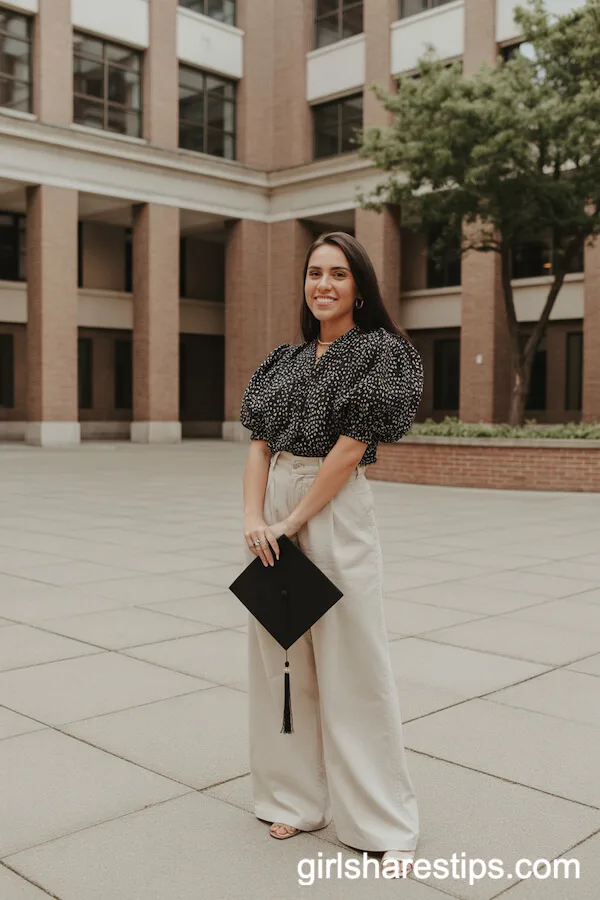 Puff-Sleeve Blouse and Cream Wide-Leg Pants